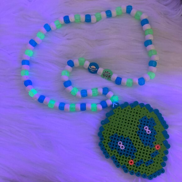 Hand Crafted Jewelry - Rave Kandi Green Alien Perler Necklace
